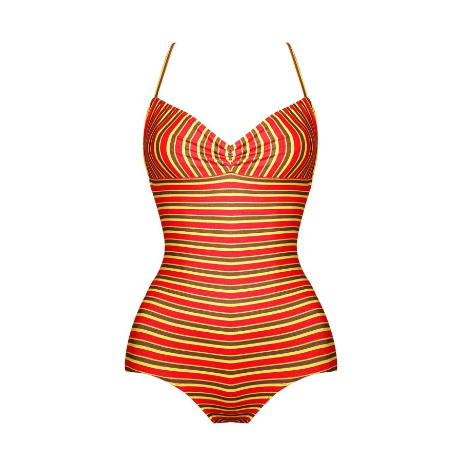 Women Fifi Chachnil Swimsuit | Butterfly Swimsuit Red, Yellow & Chocolate Stripes